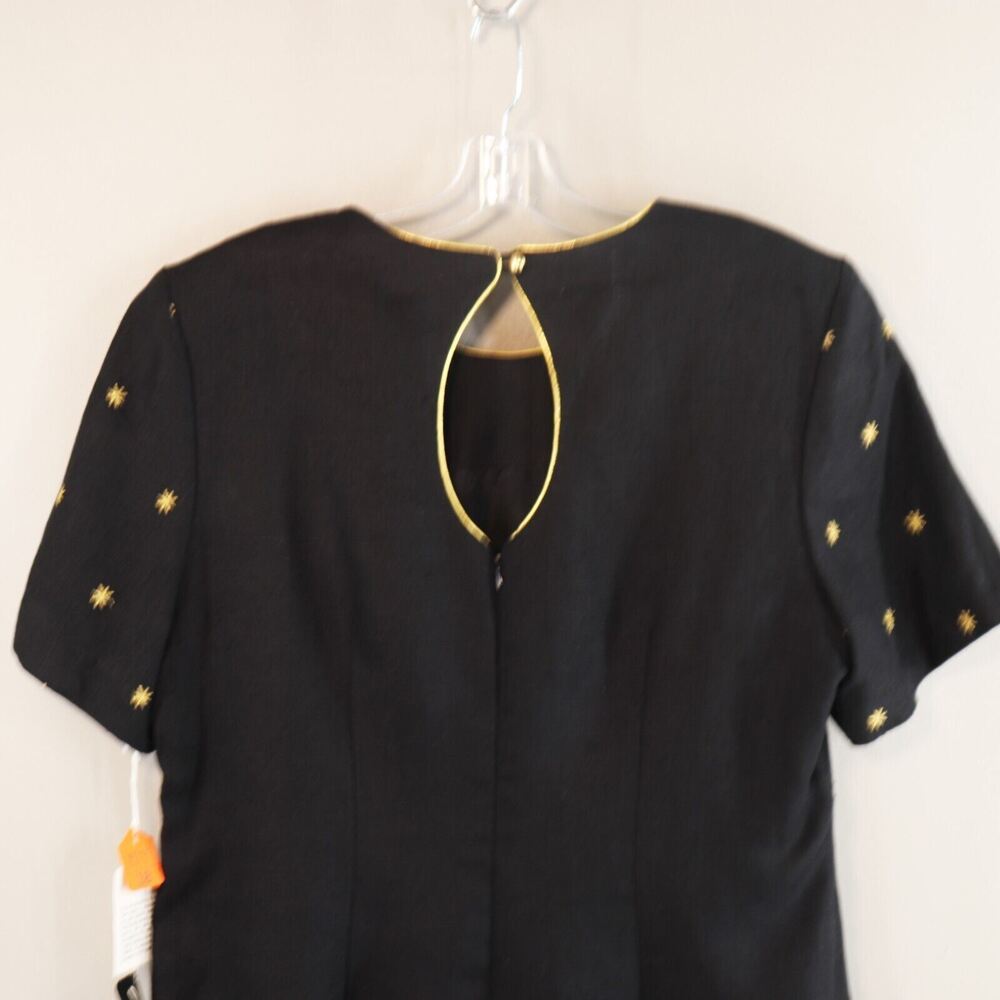 Santa Fe Dress Women Plus 18 Black Linen Gold Star Trim Short Sleeve Keyhole - Picture 7 of 12